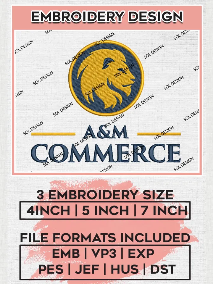 NCAA A&M Commerce Lions Team Logo Machine Embroidery Design, NCAA Texas A&M Commerce Lions Team Design Design files, NCAA Team Embroidery Designs, NCAA Machine Embroidery Designs, Digital Download