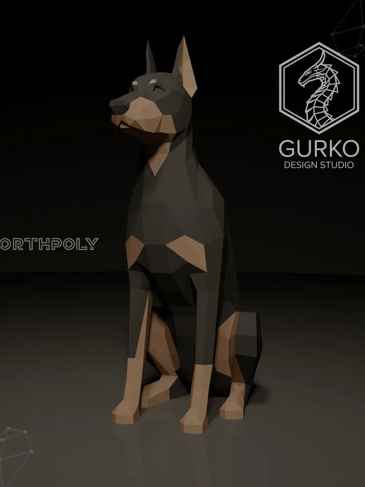 Seated Doberman Papercraft, Dog, Digital Template, PDF Download, Gurko, 3D LowPoly, Pepakura, Origami Sculpture, Paper Party Decor, DIY Gift