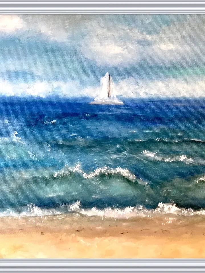 Seascape with a boat painting,Baltic sea and a beach,oil painting,stretched canvas.