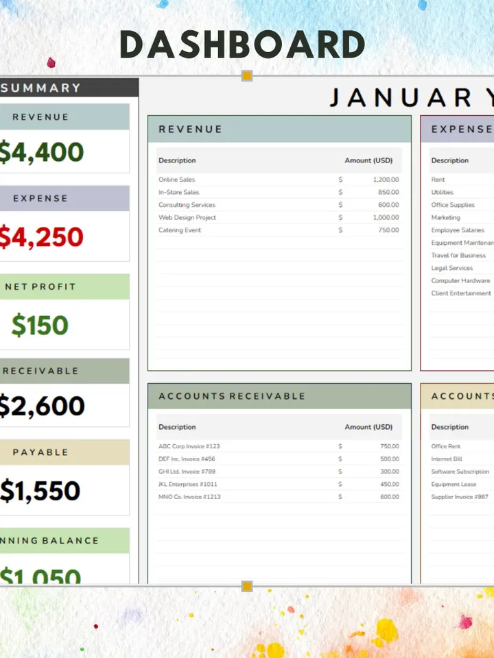 Monthly Accounting Template | Editable Google Sheets, Customizable Digital Download for Budgeting & Expense Tracking