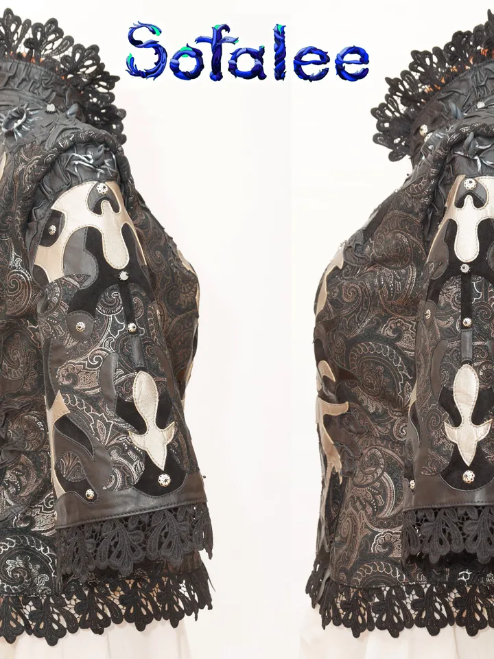 Real leather Jacket short sleeves aristocratic style silver-black color/ Exclusive handmade clothes by Sofalee