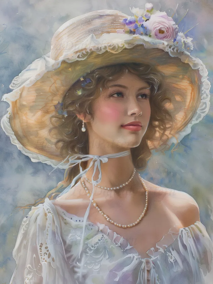 Digital illustration. Parisienne. French woman. Romantic girl with a hat. Digital painting. Wall decor in pastel colors. Instant download.
