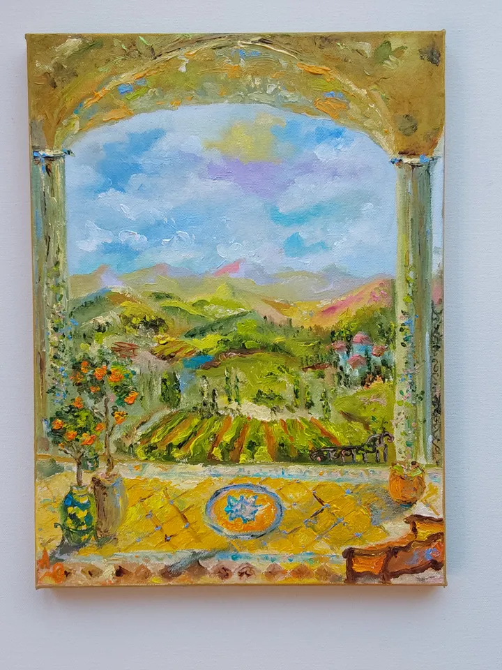 "Summer terrace overlooking the valley" oil painting on canvas 30x40cm (12x16inch)