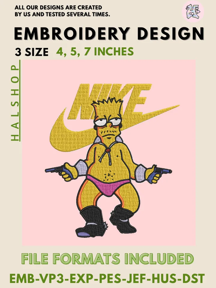 Nike x Bart Simpson Machine Embroidery Design – The Simpsons Cartoon Digital Embroidery File 🛹