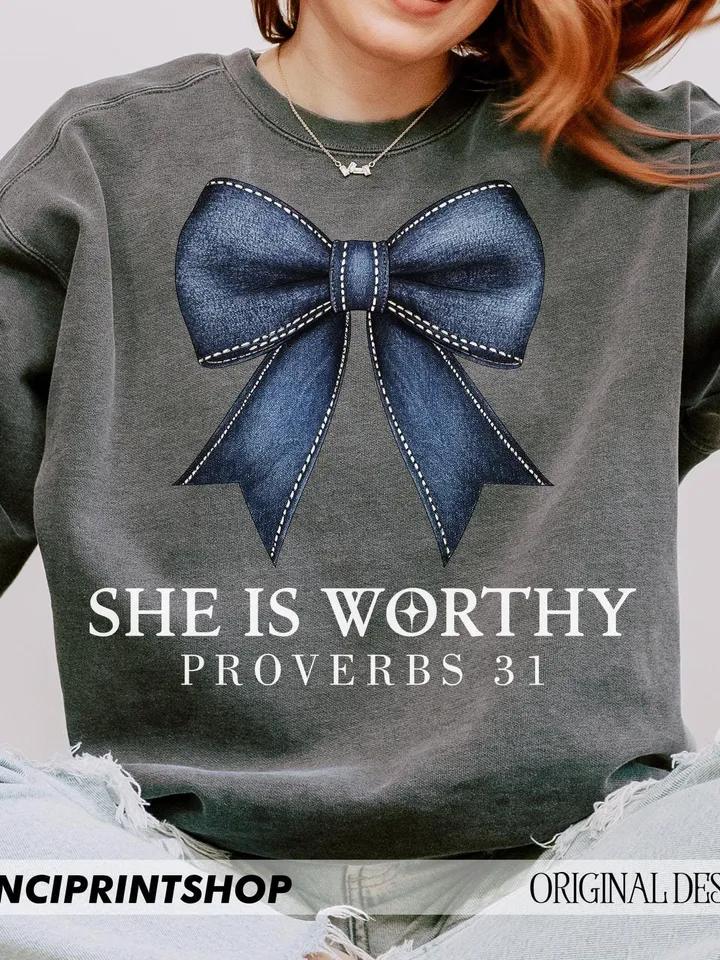She is Worthy Bow PNG, Women's Christian png, Christian Coquette Designs, Trendy Christian Shirt Ideas, Christian Shirt png, Girly Faith png