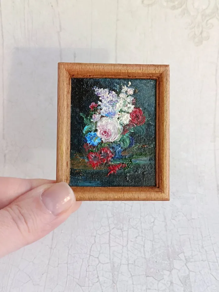 Miniature original oil painting with a bouquet of flowers in a vase in vintage style for dollhouses in 1/12, 1/6 scale