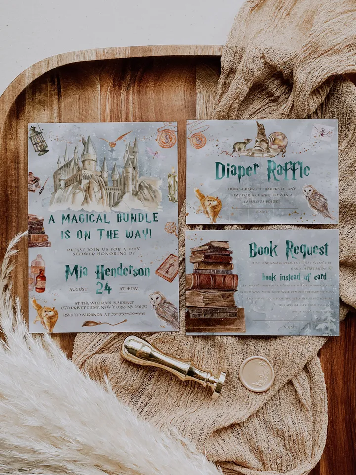Winter Wizarding World Baby Shower Set; Christmas Magic School Baby Shower Template; School of Wizard Baby Shower invitation template; ms7