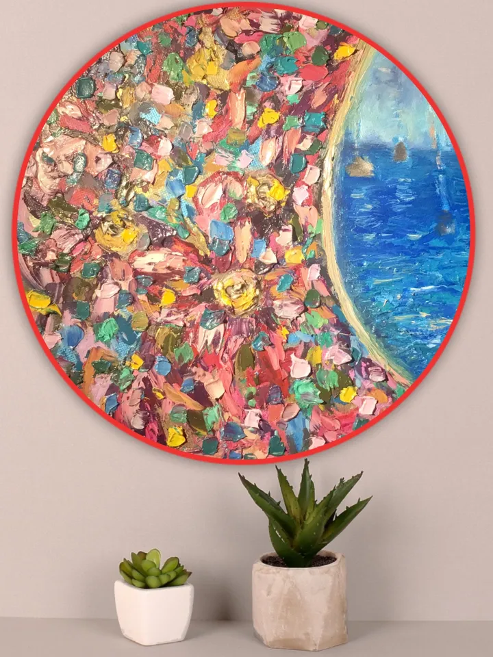 Fantasy mix media seascape and flowers painting,oil impasto painting,colourful wall art on round canvas,unique handmade gift home decor.