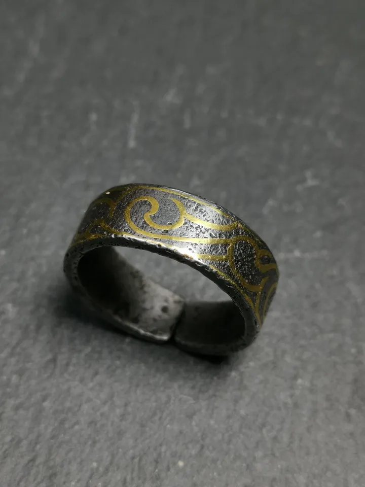 Gandhanra Unique Tibetan Cloud Pattern Ring | Cold Iron & Copper Inlay | Adjustable US Size 10 | Protection Jewelry