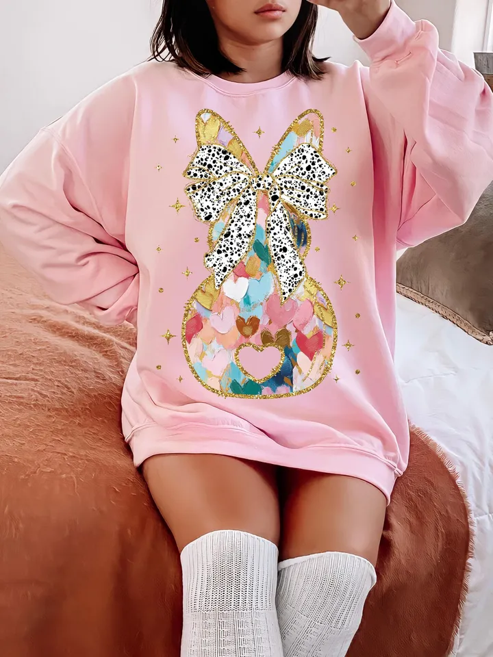 Colorful Coquette gold glitter bunny bow png girls easter coquette design dtf easter girls png kids spring design bow acrylic brushstroke