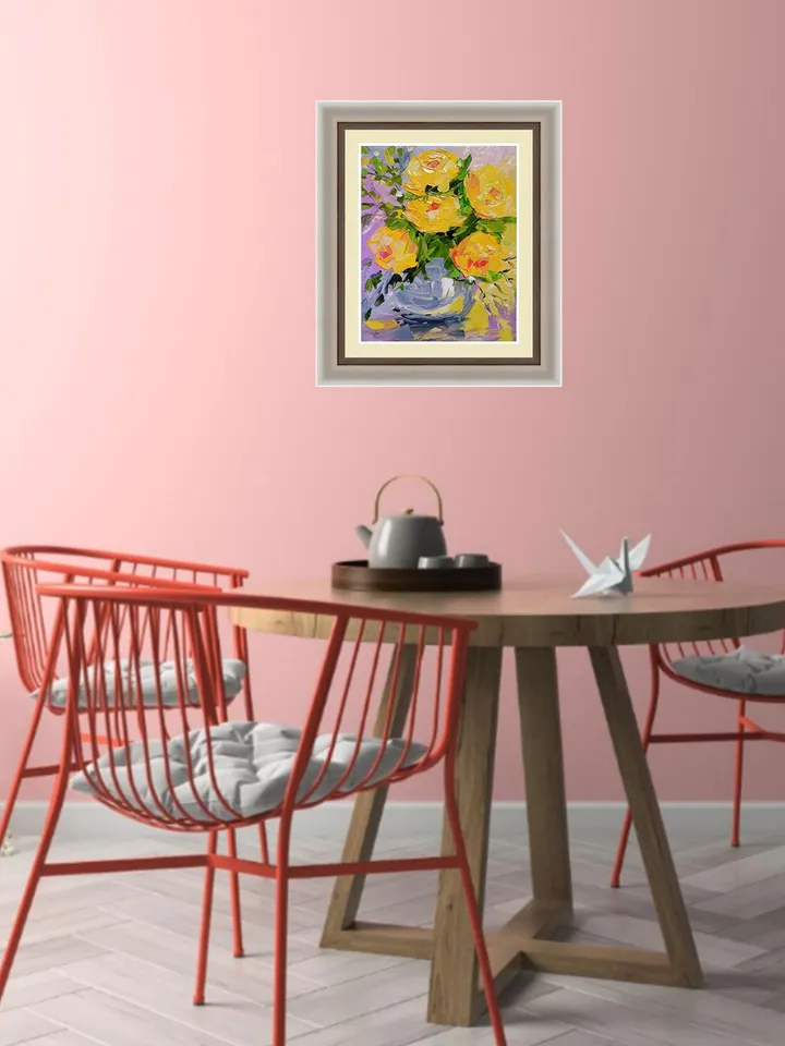 Roses Yellow Painting Original Art Impasto Oil Painting on Cardboard