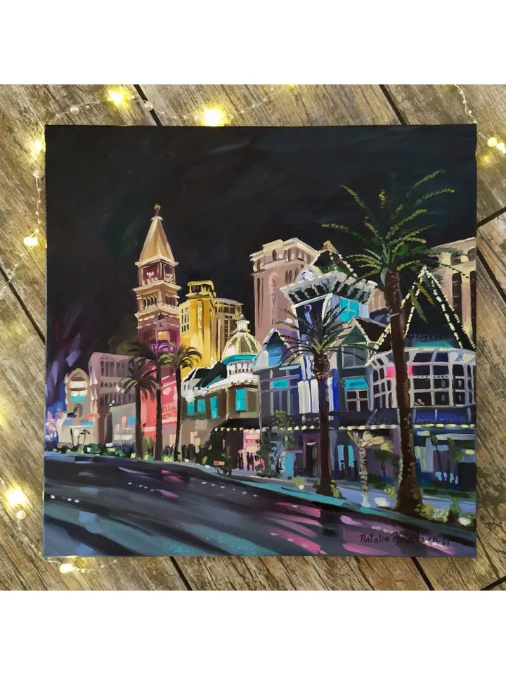 Las Vegas painting Original art Night City Vegas artwork 16 by 16 inches Nevada wall art on canvas painting oil