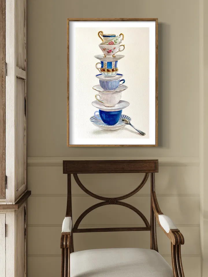 Tea Cups Original Watercolor Painting Kitchen Wall Art Tea Lover Gift Stack Of Cups Tea Cup Blue White Still Life Tea Lovers Watercolor Art