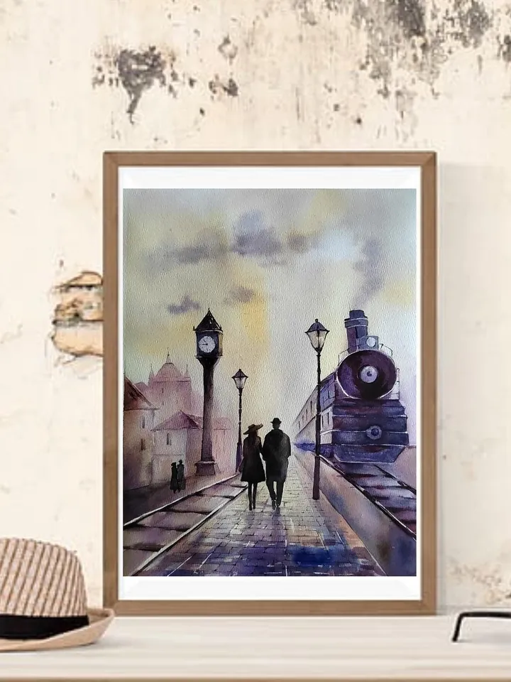 Railway Station Artwork Original Watercolor Painting Vintage Train Art 10.63x14.57 in by Art Café