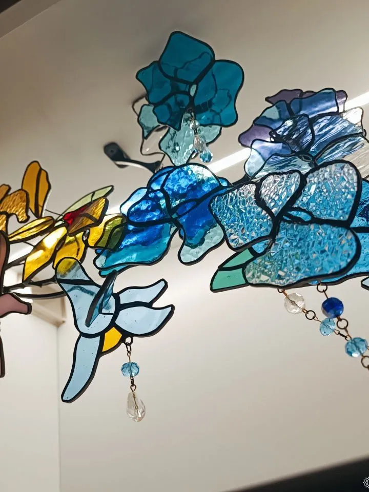 3D Blue-Turquoise Branch, 3D Blue-Turquoise Floral Branch in Stained Glass, 3D Stained Glass Branch with Blue and Turquoise Flowers, Blue and Turquoise 3D Stained Glass Stem, 3D Blue-Green Flowering Branch in Stained Glass, Stained Glass 3D Branch in Blue