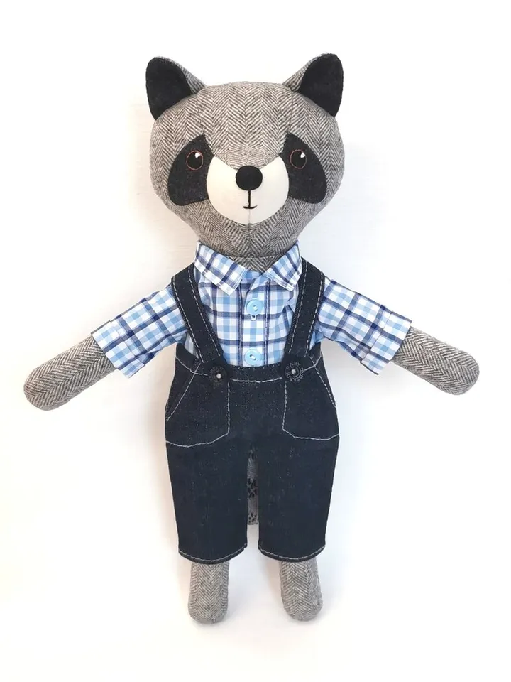 Gray raccoon boy, handmade plush raccoon toy, wool stuffed doll