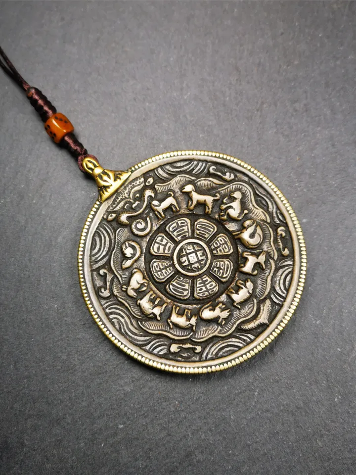 Gandhanra Antique Tibetan Buddhist Amulet,Melong Mirror,Calendar Badge,SIPAHO(srid pa ho),Made of Lima Brass,2.6"