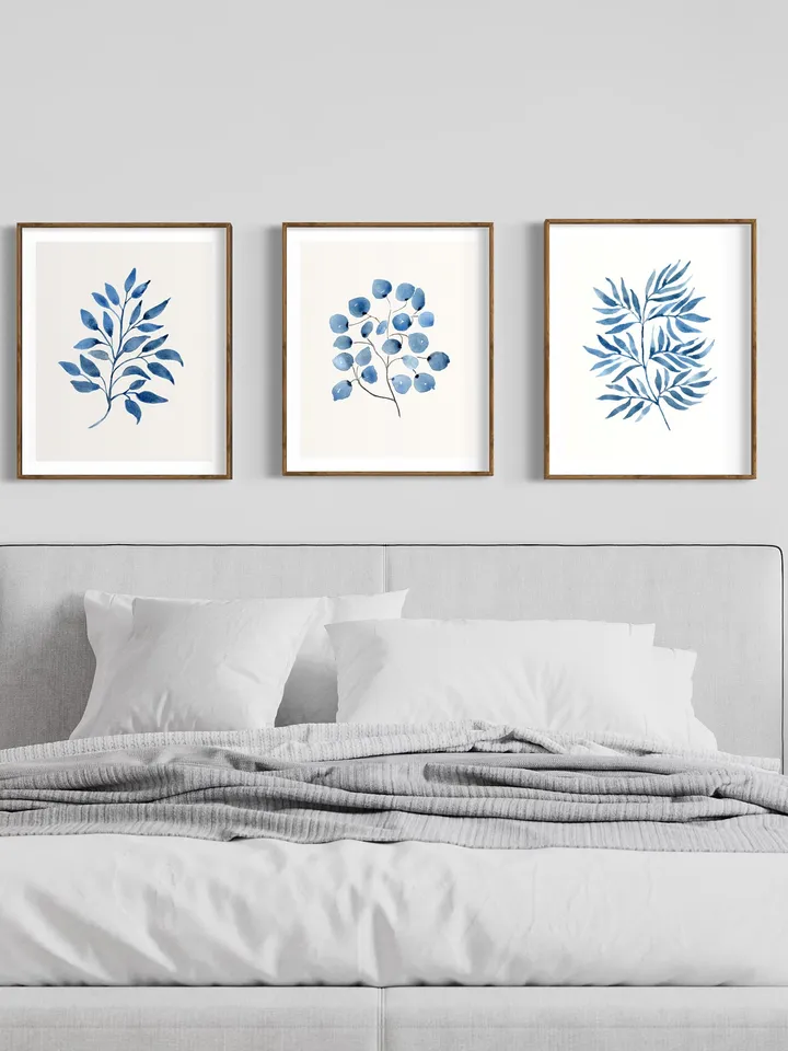Watercolor Painting Blue Flowers Print Botanical Poster Wall Art Set of 3 Prints Large Wall Art Print Floral Wall Art Decor Blue Print Set