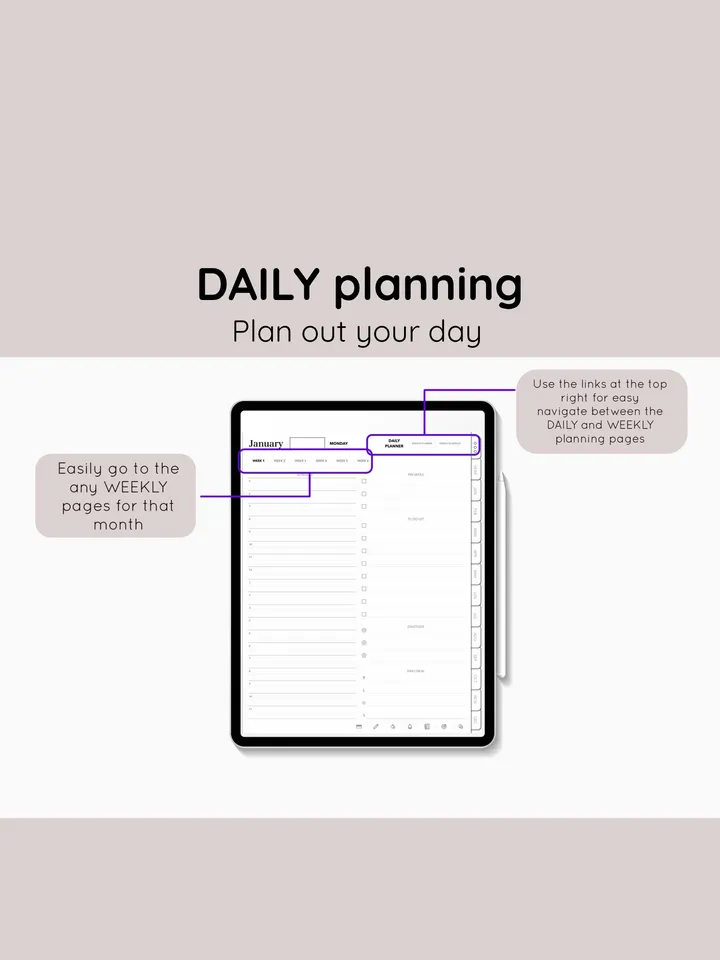 Undated digital planner. GoodNotes PDF planner. Hyperlinked Android Planner