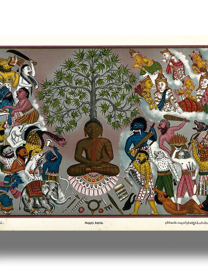 Buddha resisting the demons of Mara. Asian demons poster.