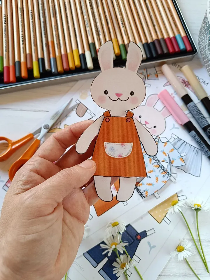 Printable Paper Bunny Doll Template, Dress Up Cut Out Doll, Busy Book Activities, Vintage Inspired Paper Doll, Nostalgic Craft Activities, Easter Bunny
