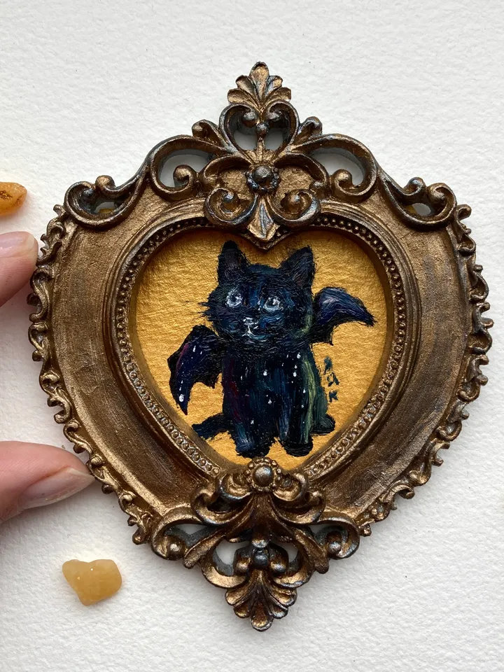 Bat Cat Painting Small Original Framed Art Goth Bat Gifts, Mini Gold Framed Decor, Cat Bat, Black Cat Art, Tiny Art Whimsigoth Decor