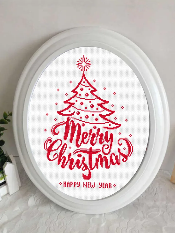 Christmas tree cross stitch pattern download PDF, Merry Christmas pattern digital, Monochrome embroidery beginner, Easy xmas stitch #N74