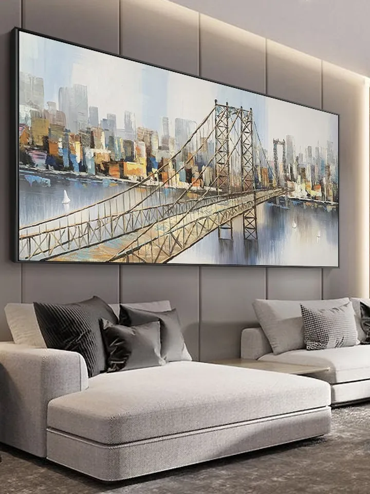 Abstract New York City Oil Painting on Canvas, Large Original Brooklyn Bridge Skyline Urban Cityscape Painting Living Room Wall Art Decor