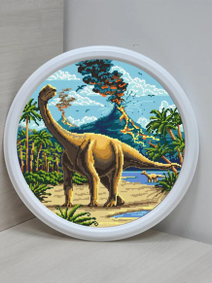 Dinosaur cross stitch pattern download PDF, Ancient animal cross stitch chart, Nature landscape cross stitch, Dinosaur world embroidery #D1