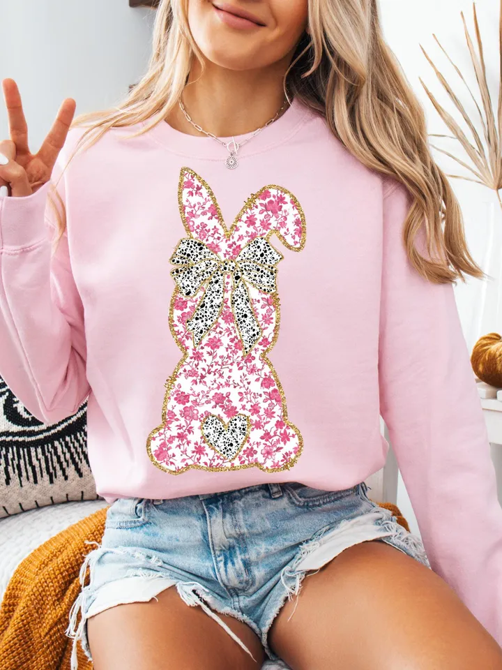 Glitter Easter Bunny Coquette PNG | Easter Day Png | Happy Easter Png, Grand Millennial Easter, Chinoiserie Bunny Pink Floral, Trendy Easter