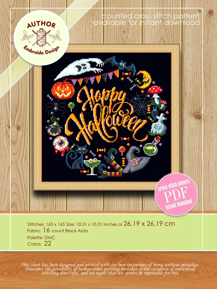 Happy Halloween cross stitch pattern download PDF Funny cross stitch Halloween quotes chart Modern cross stitch Cute Halloween pattern #H21