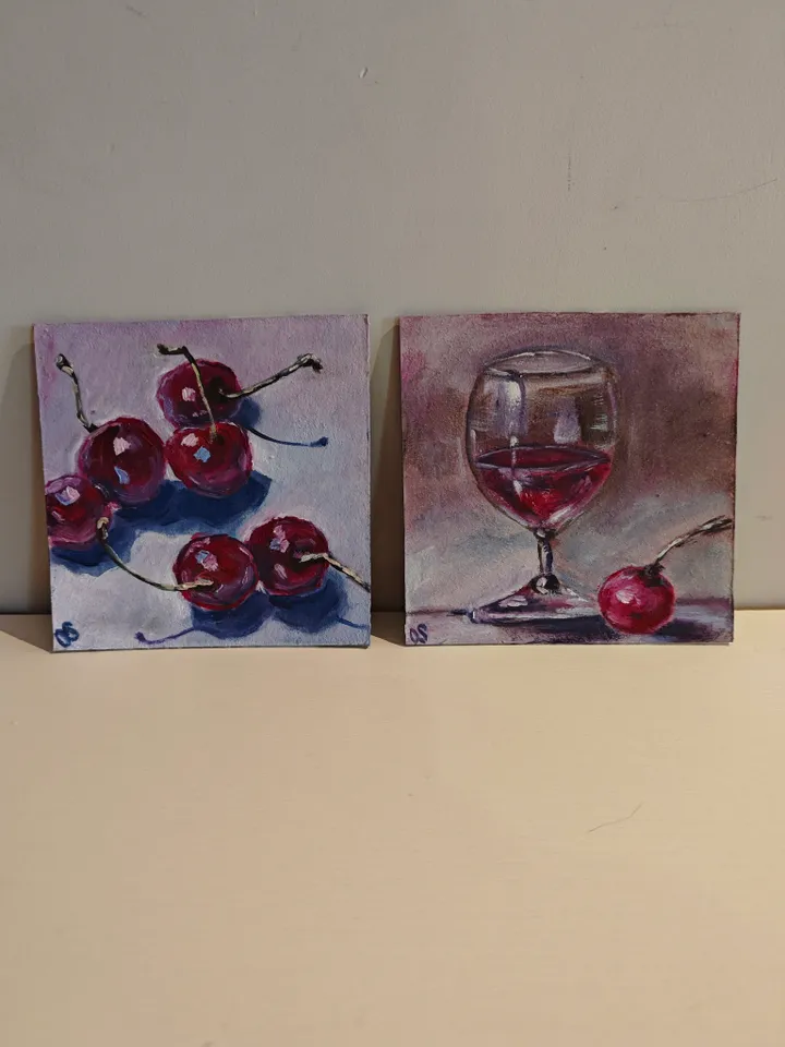 Cherry And Glass Of Red Wine Original Painting Fruit Glass Of Wine Original Art Cherry And Glass Modern Artwork Bright Cherry Glass Wine Oil Painting Cherry Fruit Glass Of Wine Wall Art Decor 5 x 5 inches by OlgaSokolovaArt