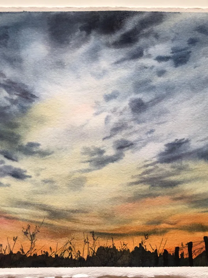 Sunset Original Painting Watercolor Landscape Sunrise Cloud Wall Art