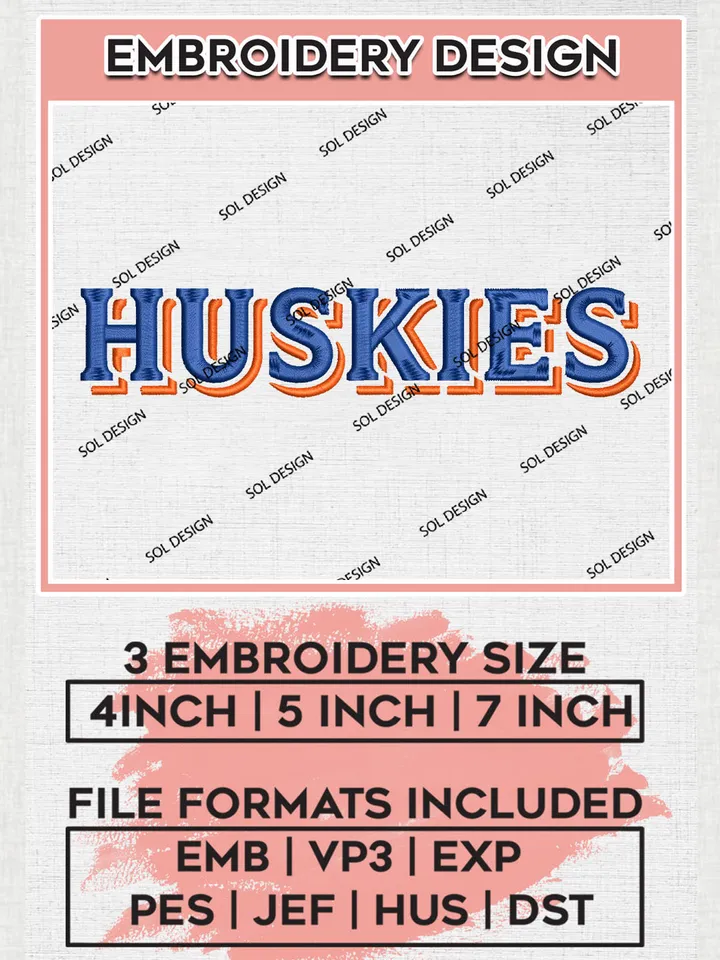NCAA Huskies Team Word Logo Embroidery Design Files, NCAA Houston Christian Huskies Machine Embroidery, NCAA Teams, 3 sizes, NCAA Machine embroidery designs, Digital Download