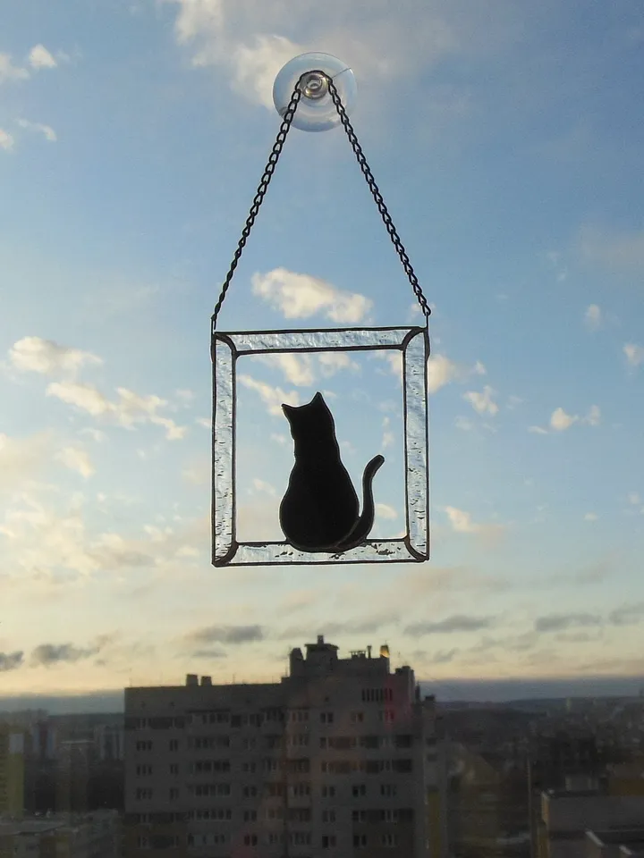 Black Cat in Frame Stained glass window hanging Suncatcher . Gift for animal lover, pet loss memorial .