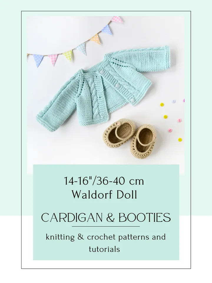 DIY 14-16"/36-40 cm Doll Cardigan & Booties. PDF knitting and crochet pattern and tutorial.
