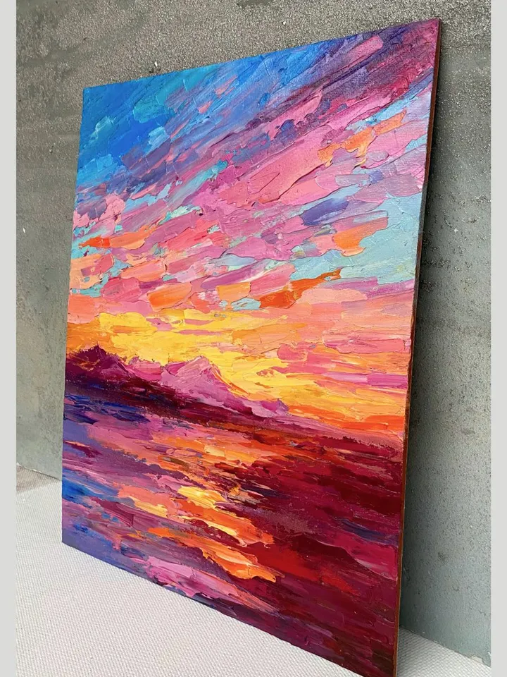 Seascape wall art original oil painting Hawaiian coast artwork Colorful sunset art Beach painting