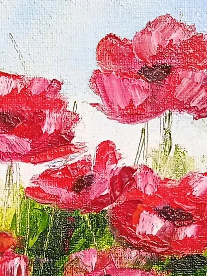 Oil painting, Bright red flowers, Canvas, Meadow Art, Red Poppies,Impasto Art