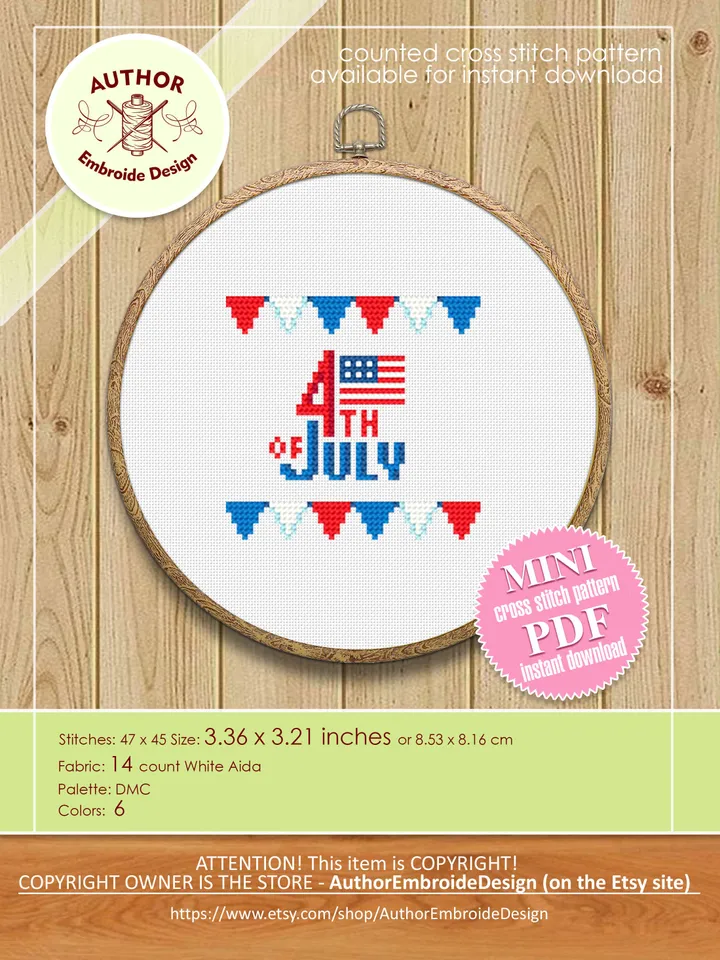 Independence Day july 4 cross stitch pattern PDF download American flag cross stitch chart, Patriotic cross stitch, Mini USA flag #T22