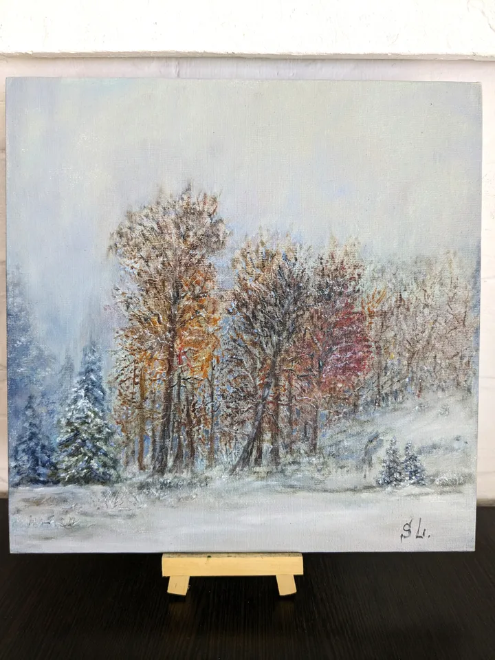 Oil Painting Winter Landscape Original Art Wall Art Canvas On Cardboard 10x10 Inch