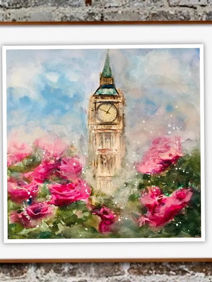 Big ben ,London painting ,original watercolour painting ,pink flowers painting,foggy landscape painting,wall art ,handmade home decoration