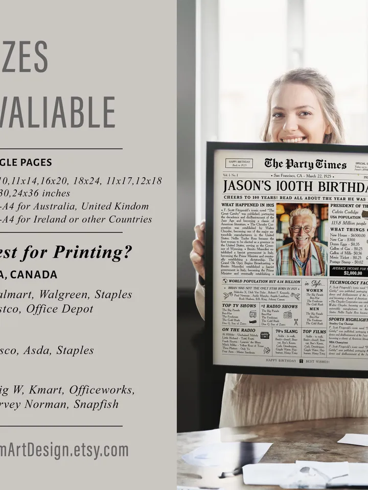 100th birthday newspaper poster for grandma born in 1925 back in 1925 printable sign personalized 100th birthday gift vintage style