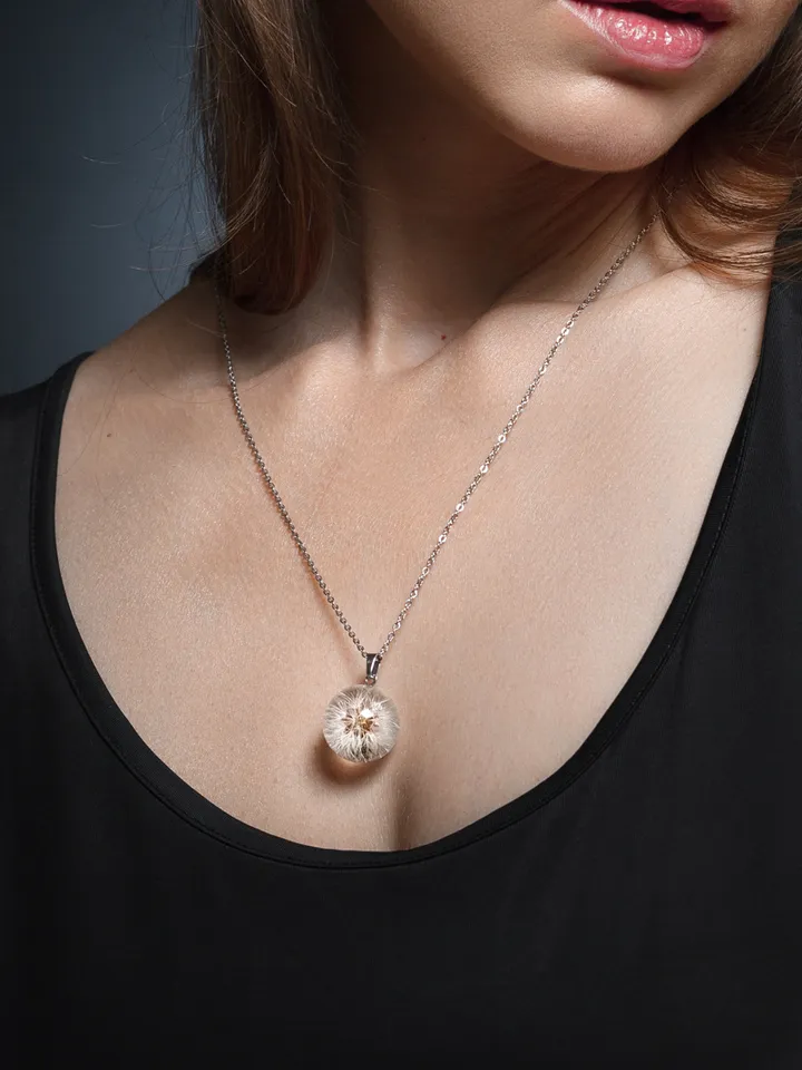 Small Dandelion - wishing necklace. Crystal clear resin globe pendant with natural dandelion flower. Make a wish sphere