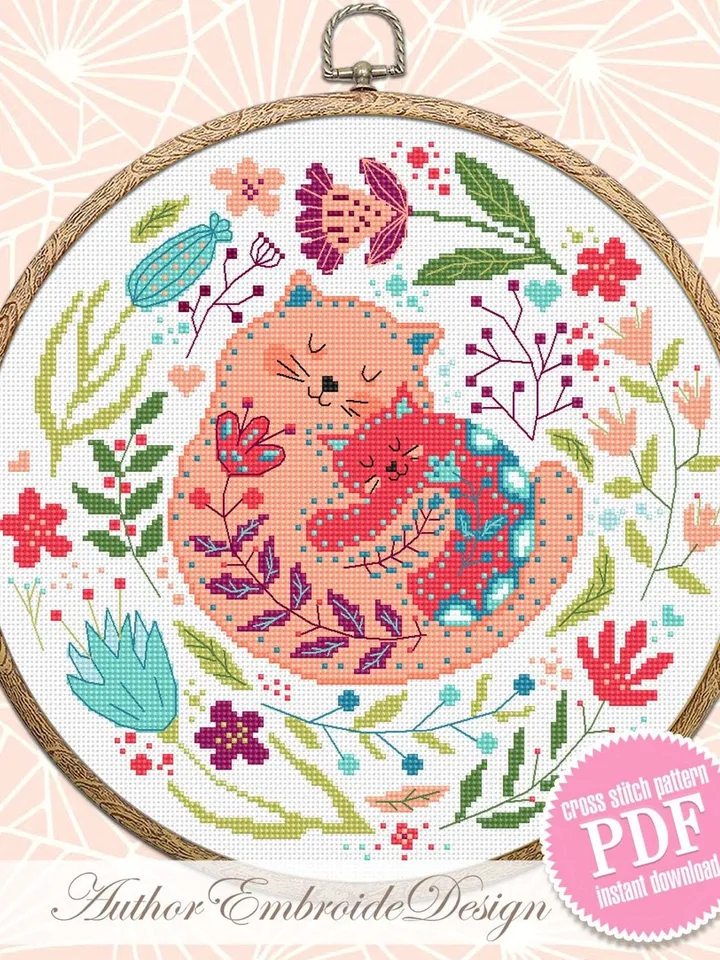 Floral cats cross stitch pattern PDF download Scandinavian folk cross stitch chart Nordic cross stitch Scandinavian ornament embroidery #K25