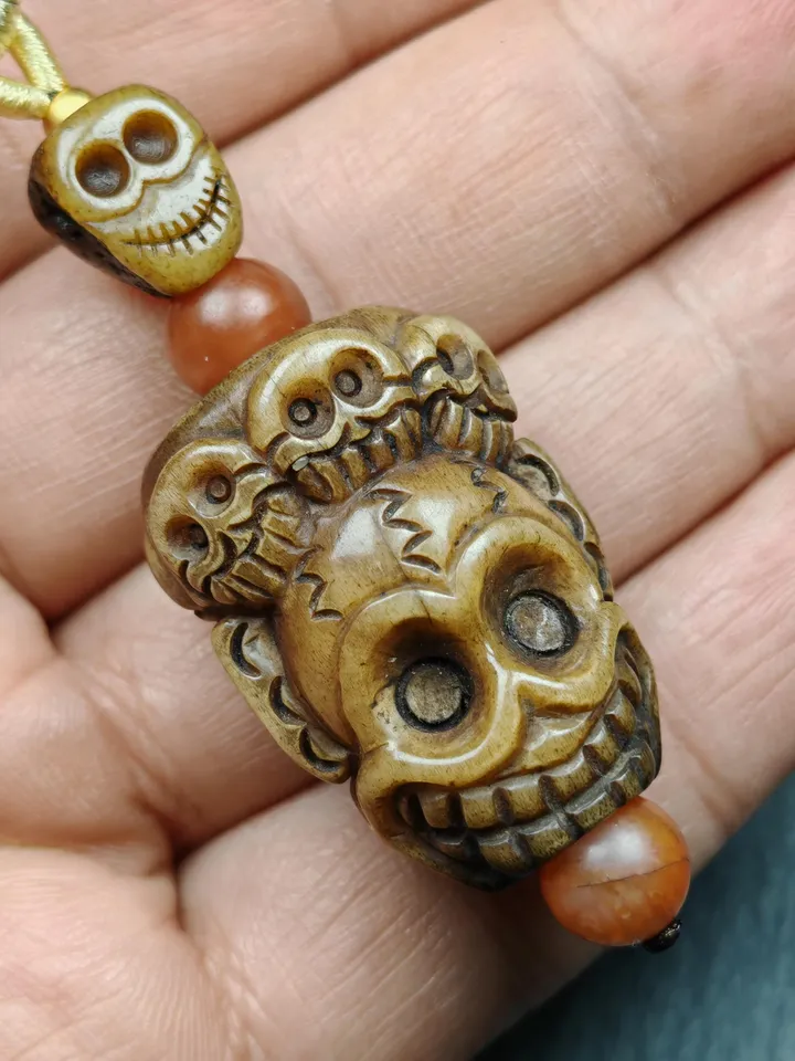 Unique Citipati Skull Protective Charm,Gandhanra Vintage Tibetan Amulet,Spiritual Necklaces,Made of Deer Antlers and Kapala