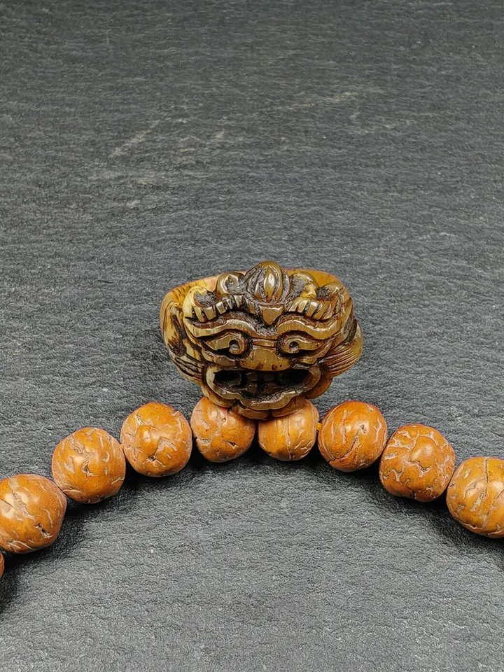 ONLY ONE - Gandhanra Hand Carved Tibetan Yak Bone Ring, Snow Lion Pattern,US Size 7.5,Inner Diameter 17.75mm