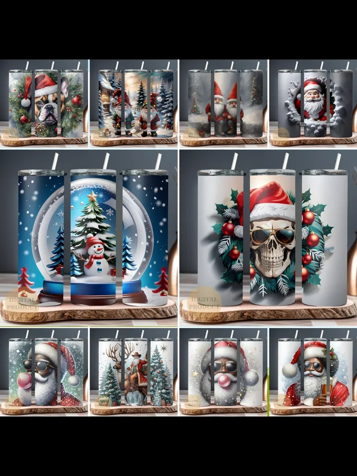 10 Christmas 20 Oz Tumbler Wrap png Bundle, Christmas Sublimation Designs for Tumbler, Christmas Skull with Santa Hat, Santa with Bubble Gum