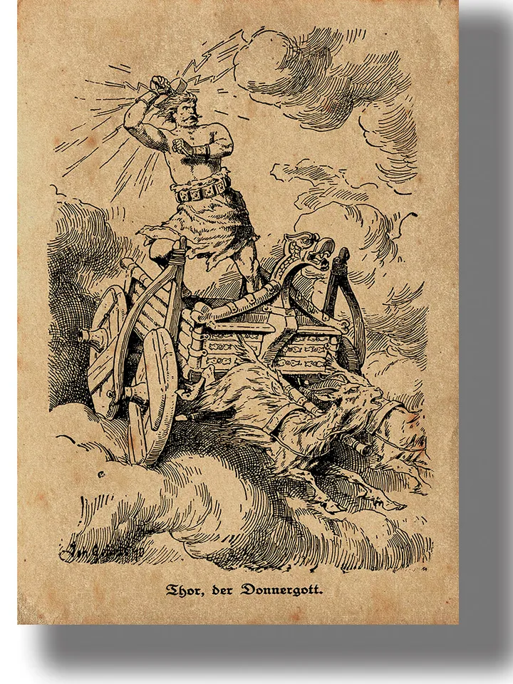 The god of Thunder Thor with the hammer Mjolnir on a chariot drawn by goats.