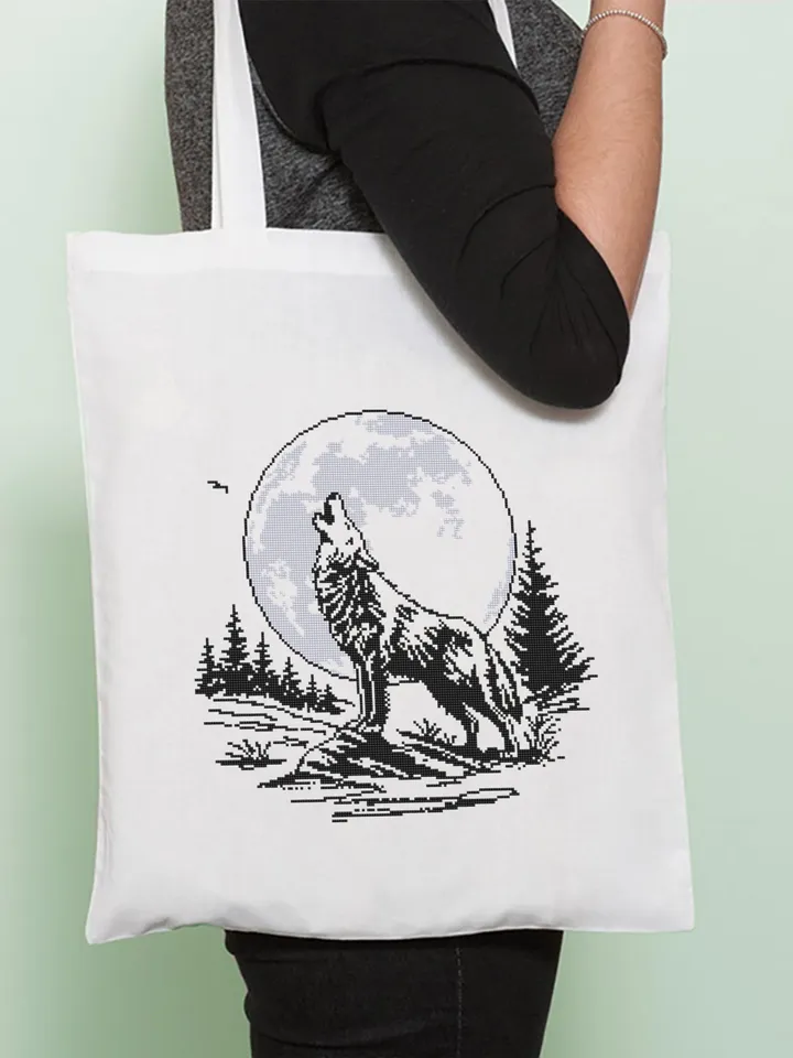 Wolf moon cross stitch pattern PDF download Howling wolf cross stitch chart, Nature pattern digital PDF, Full moon embroidery beginner #L85