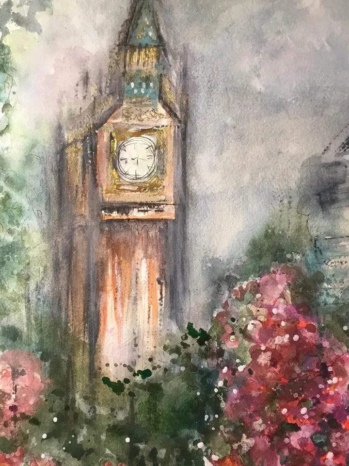 London cityscape original watercolour painting wall art,London Big Ben painting,flowers painting,England painting,wall decoration,gift.